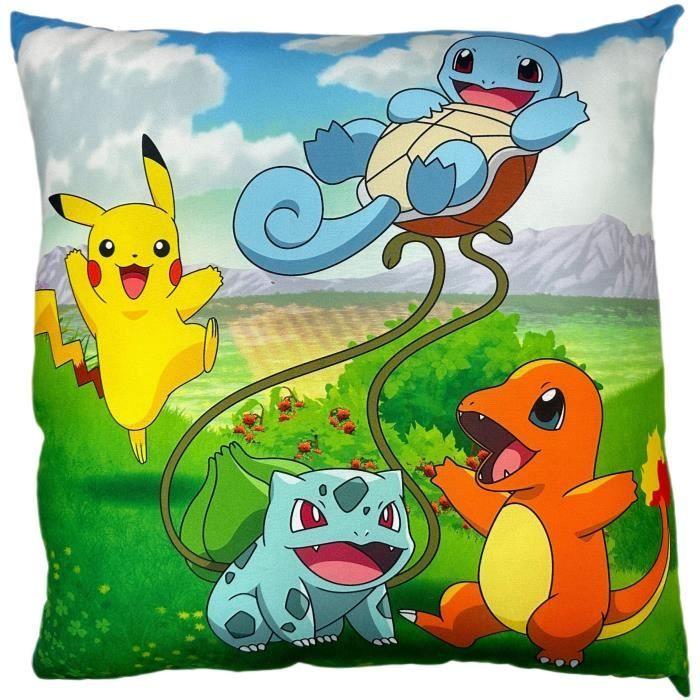 Coussin Double Face - Carré - POKEMON - Pikachu Et Starter 1G II - Microfibre - 40 X 40 Cm