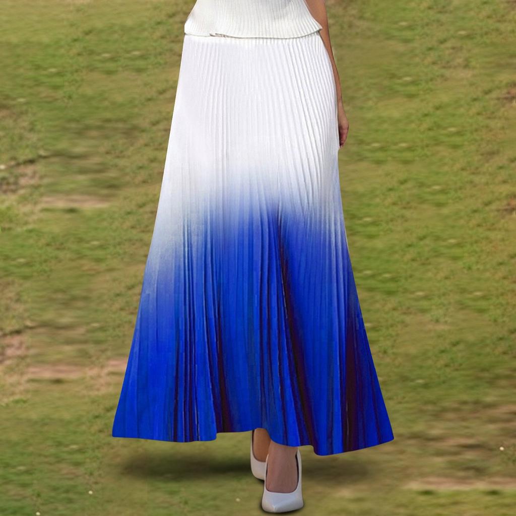 Women's  Casual Pleated Gradient Skirt, Pleated A-line Skirt, Large Swing Floor-length Skirt