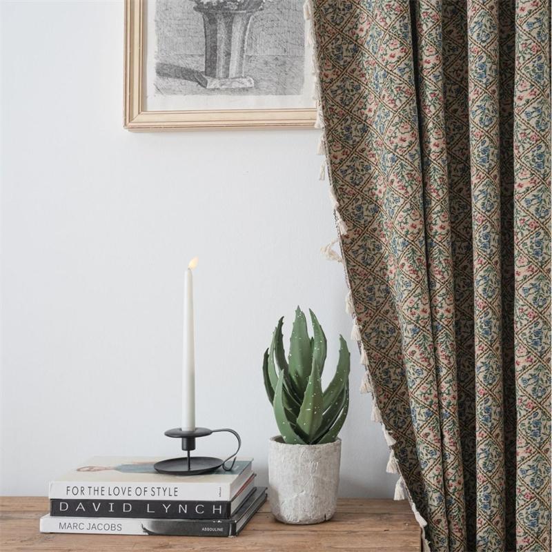 Jacquard Floral Bouquet Curtains - Semi-Sheer Kitchen Valance & Bay Window Drapes | Boho Tassel Trim Ready-Made Sheers (No-Sew Installation)