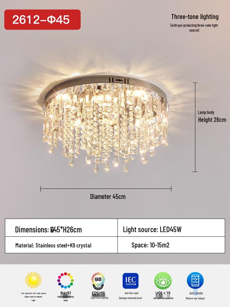 Luxurious French Crystal Ceiling Lamp - High-End Stainless Steel Round Fixture for Living Room or Master Bedroom.
