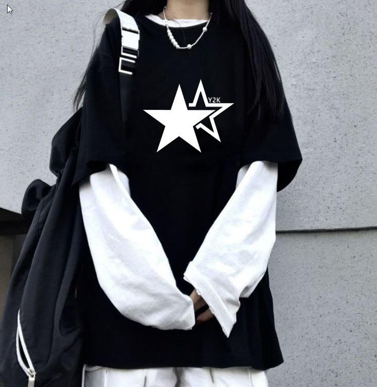 

2025 Лето Женская Корейская Печать Букв Свободный Пуловер Поддельные Две Части Футболка С Длинным Рукавом 2XL