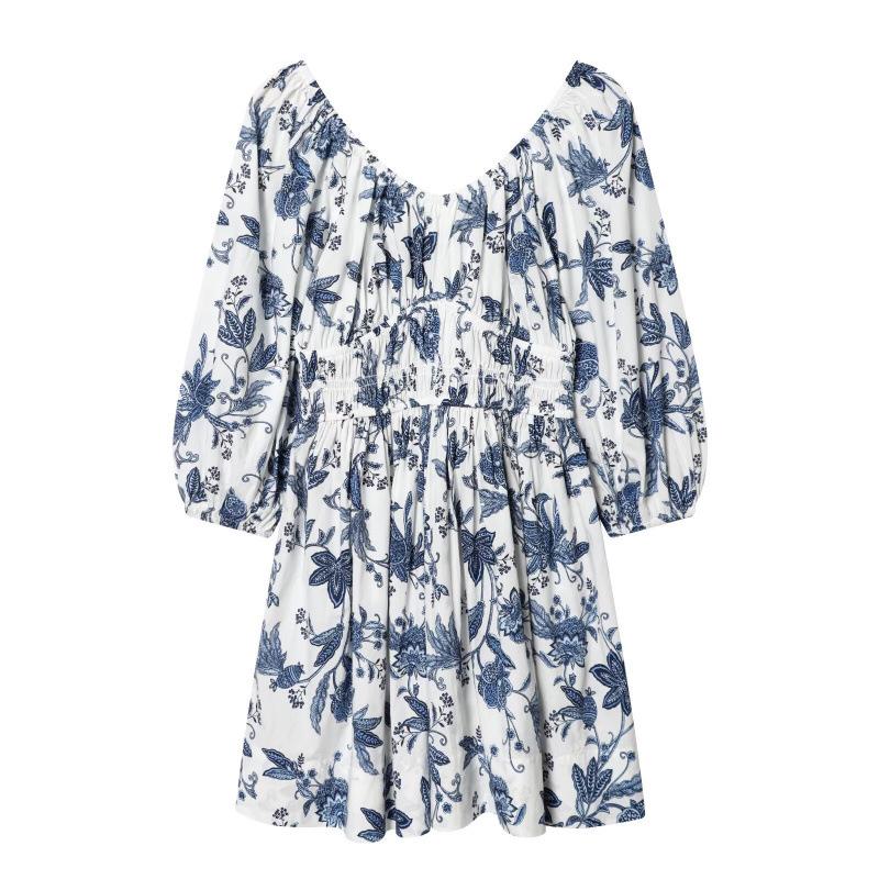 

2026 Spring Floral V-Neck Flared Hem Cotton Skirt in European & American Style Large квітковий/синій