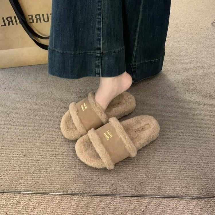 Lazy pedal casual cotton slippers women's 2025 autumn new fashionable versatile skirt wearing fluffy slippers