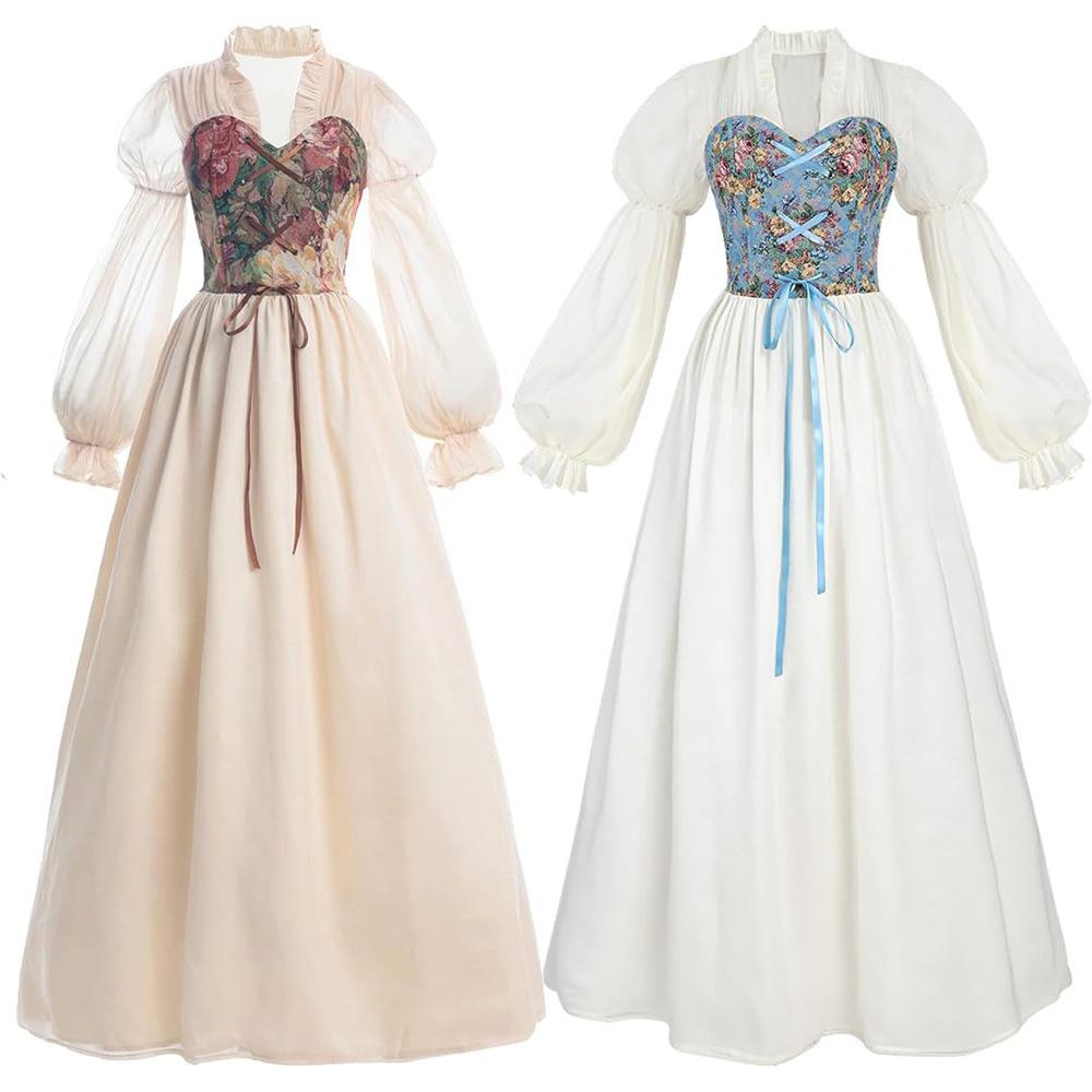 Vintage Renesansowa Sukienka z Kwiatowym Gorsetem, Wiktoriańska Średniowieczna Suknia z Bufiastymi Rękawami dla Kobiet, Idealna na Cosplay, Halloween i Imprezy Tematyczne