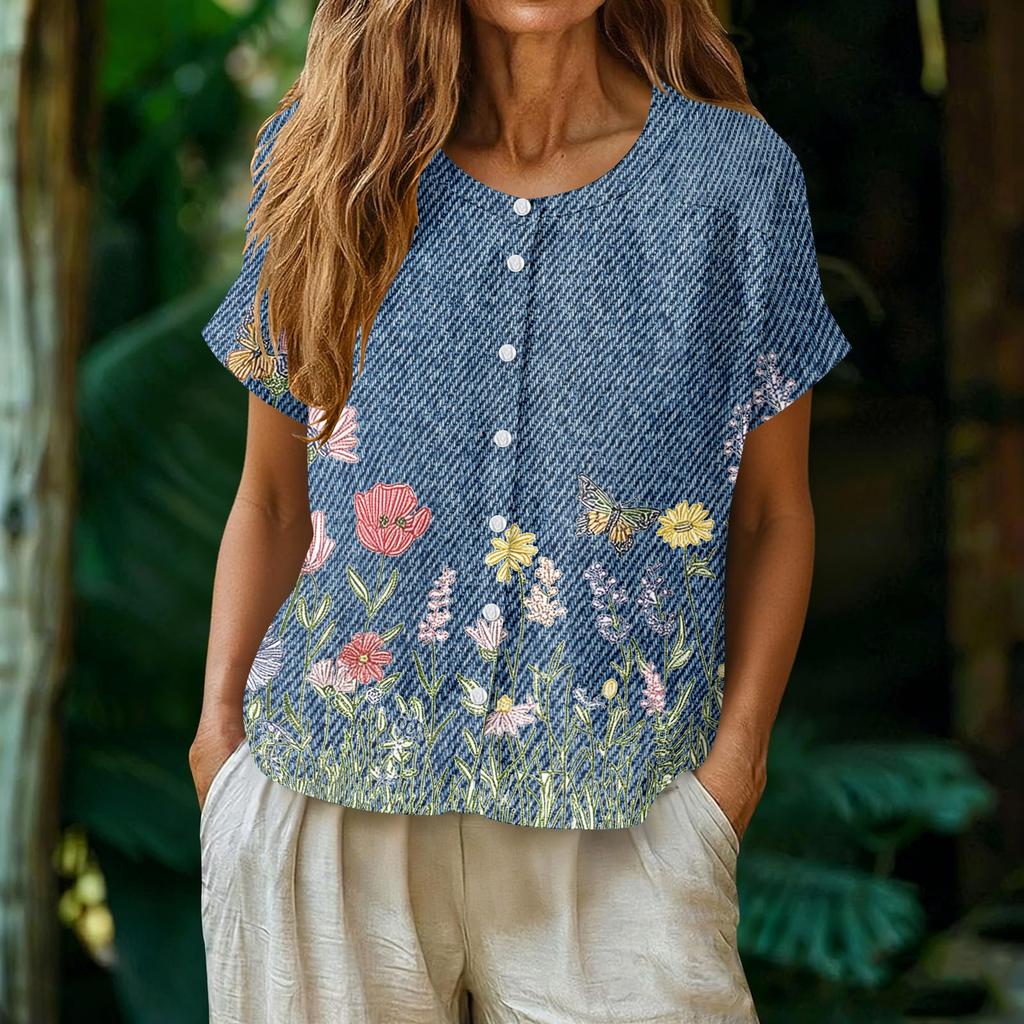 Women's Neck Floral Print Blouse with Single Button Placket