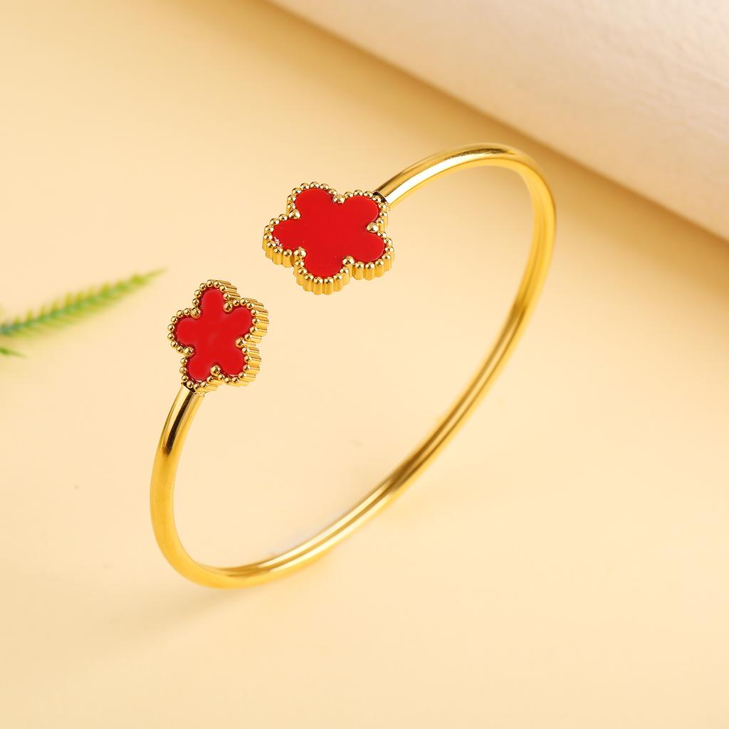 Klassisches Luxus Fünf-Blatt-Blumen Edelstahl Offener Armreif Glücksklee Armreif Mädchen Mädchen Jubiläum Hochzeitsschmuck Cl