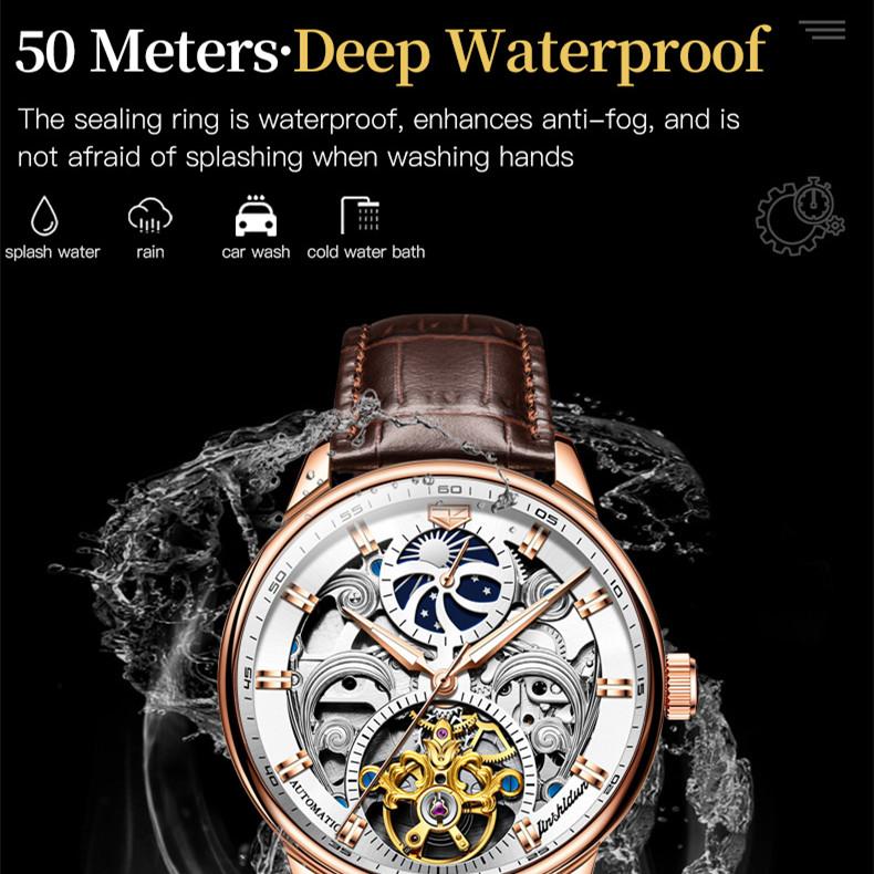 JINSHIDUN Ny forretnings- og fritidsklokke for herremote Hollow Moon Phase Vanntett lysende mekanisk klokke High-end herreklokke