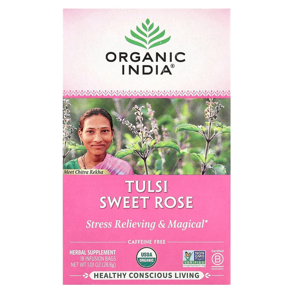 Organic India Tulsi Sweet Rose Caffeine-Free Herbal Tea, 18 Tea Bags (28.8g)