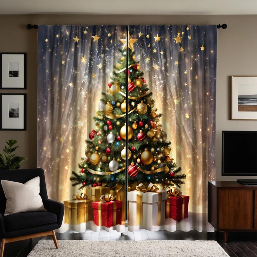 Set Of 2 Hd Starlight Under Christmas Tree Gift Box Decorative Curtain Yellow Tie Digital Printed Home Decoration Style Made Polyester