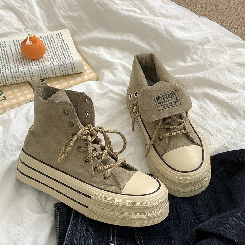 Ein Schuh und zwei Retro-neue dicke Sohlen 2024 Nische Herbstkleidung vielseitige Board-Schuhe Damen High-Top Canvas-Schuhe Damen