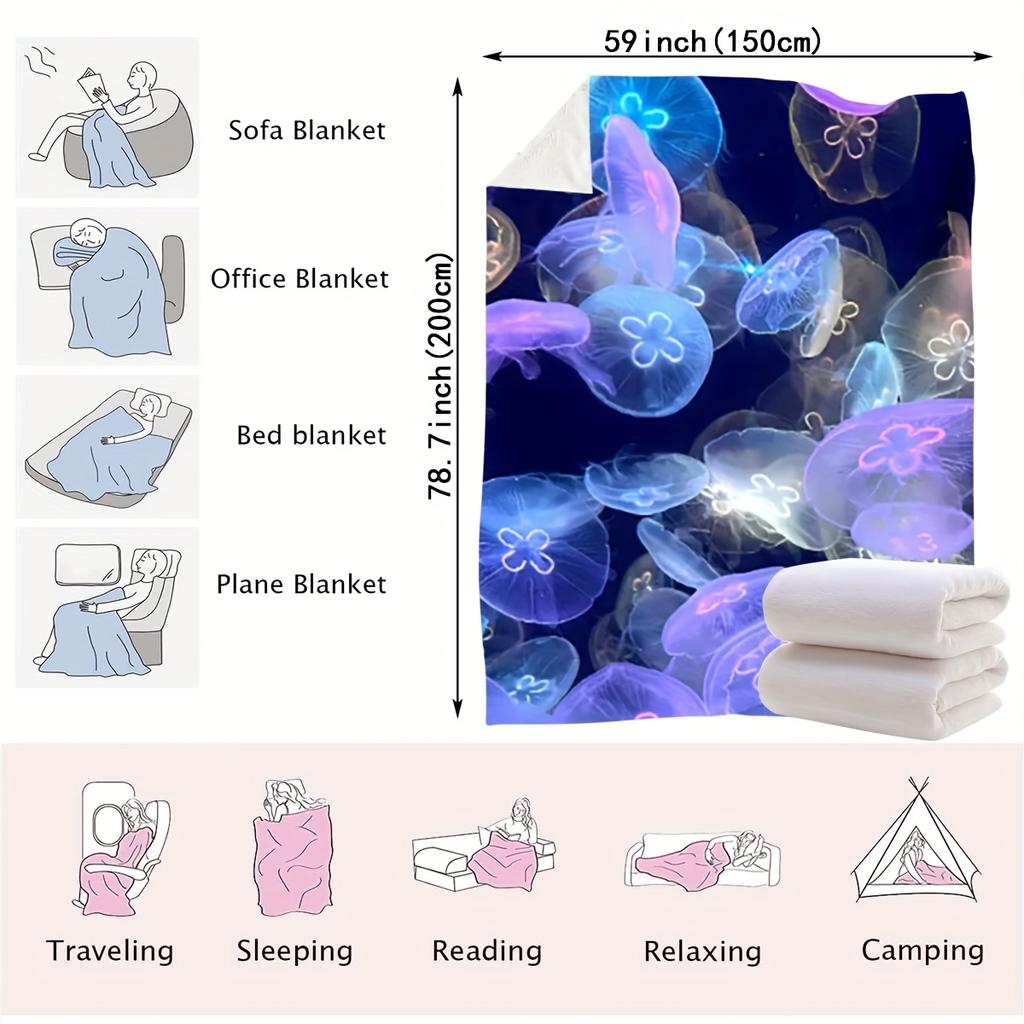 1pc Vibrant Jellyfish Pattern Flannel Throw Blanket – Soft, Cozy, and Stylish Digital Printed Design in Blue, Purple, Pink, and