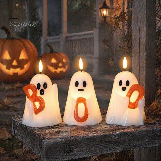 Safe Decorative Night Lights Halloween Ghost Flameless Candle, Cute Holding BOO Letter Tealight, Kid Friendly Gifts Battery Operated LED Flickering