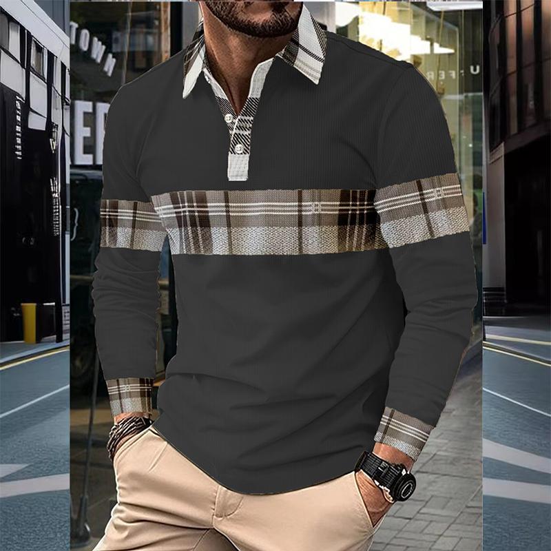 

Fashion Flip Collar Office Polo Shirt Men s Breathable Leisure Long Sleeve Tops New Spring Autumn Plaid Casual Mens Clothing 3XL чорний