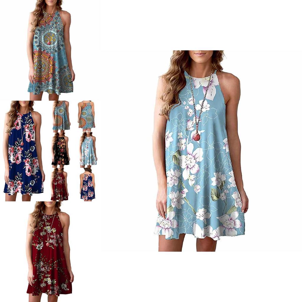 Elegant Women Fashion Splicing Color Print Hanging Neck Hem Mini Dress In Premium Quality Materials