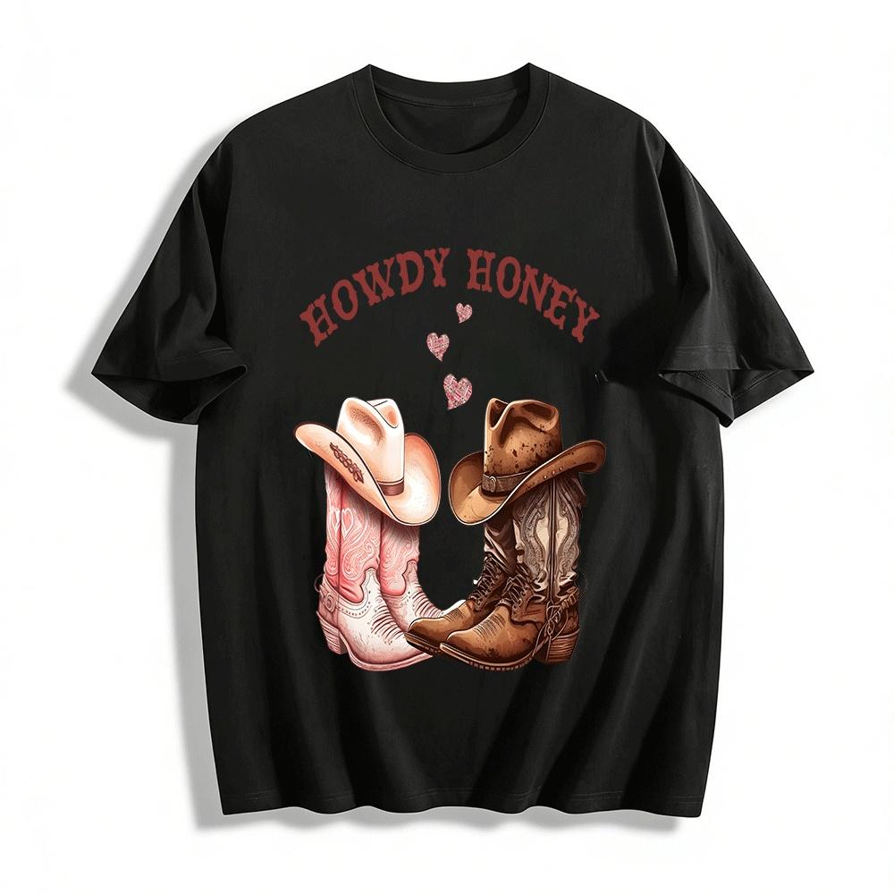 Western Style Howdy Honey Couple Cowboy Boots Print Casual Top Pure cotton T-shirt XXS