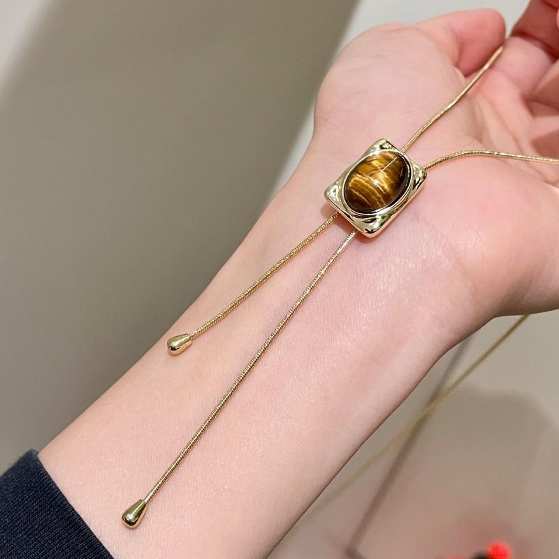 

Ретро выдвижное ожерелье с тигровым глазом: Роскошная цепочка для свитера для женщин, модный осенне-зимний аксессуар