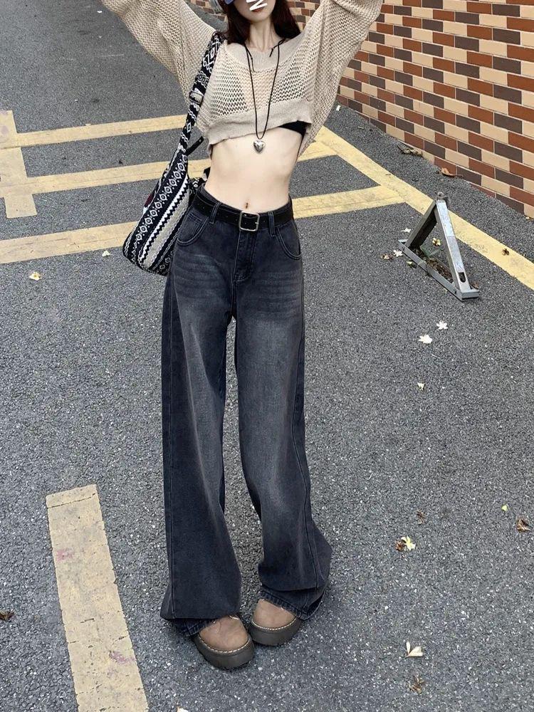 Women's High Waist Wide Leg Jeans - Black & Grey, Spring/Autumn, Plus Size, Floor Length, Straight Leg, Slimming.