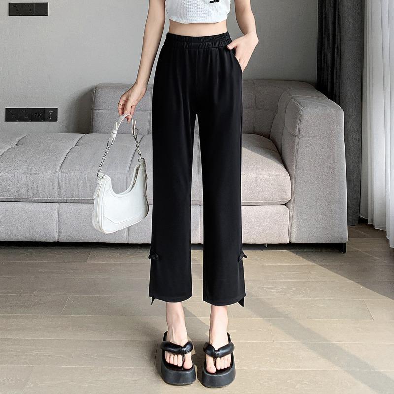 

Женские летние тонкие свободные нерегулярные открытые брюки для маленьких людей с девятью брюками с высокой талией, повседневные прямые брюки 4XL чёрный