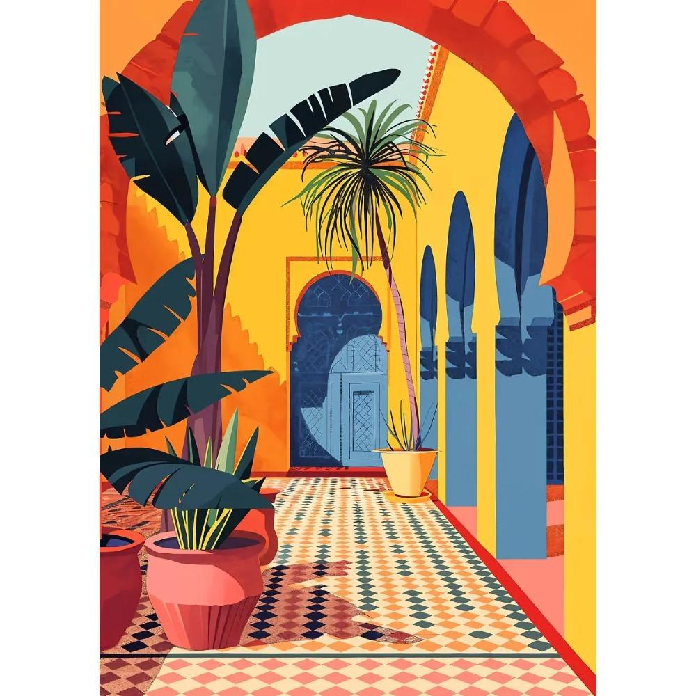 Vintage Vasen und Pflanzen Marokkanischer Innenhof Mediterranes Dorf Poster Leinwandbild Druck Wandkunst Bild Zimmer Heimdekoration