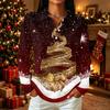 Women's Casual Christmas Print Long Sleeve Button Front Top with Lapel Collar and Side Slits