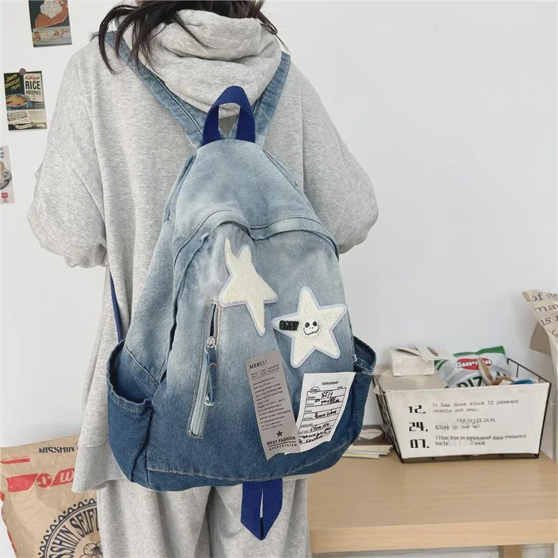 Gradient Denim Star Backpack: Versatile Vintage Schoolbag for Junior High Students