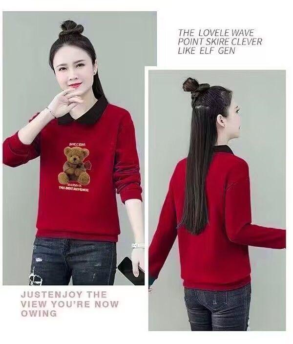 2025 Autumn/Winter Women's Plus Size Velvet Polo Collar Long Sleeve Cartoon Print Sweater