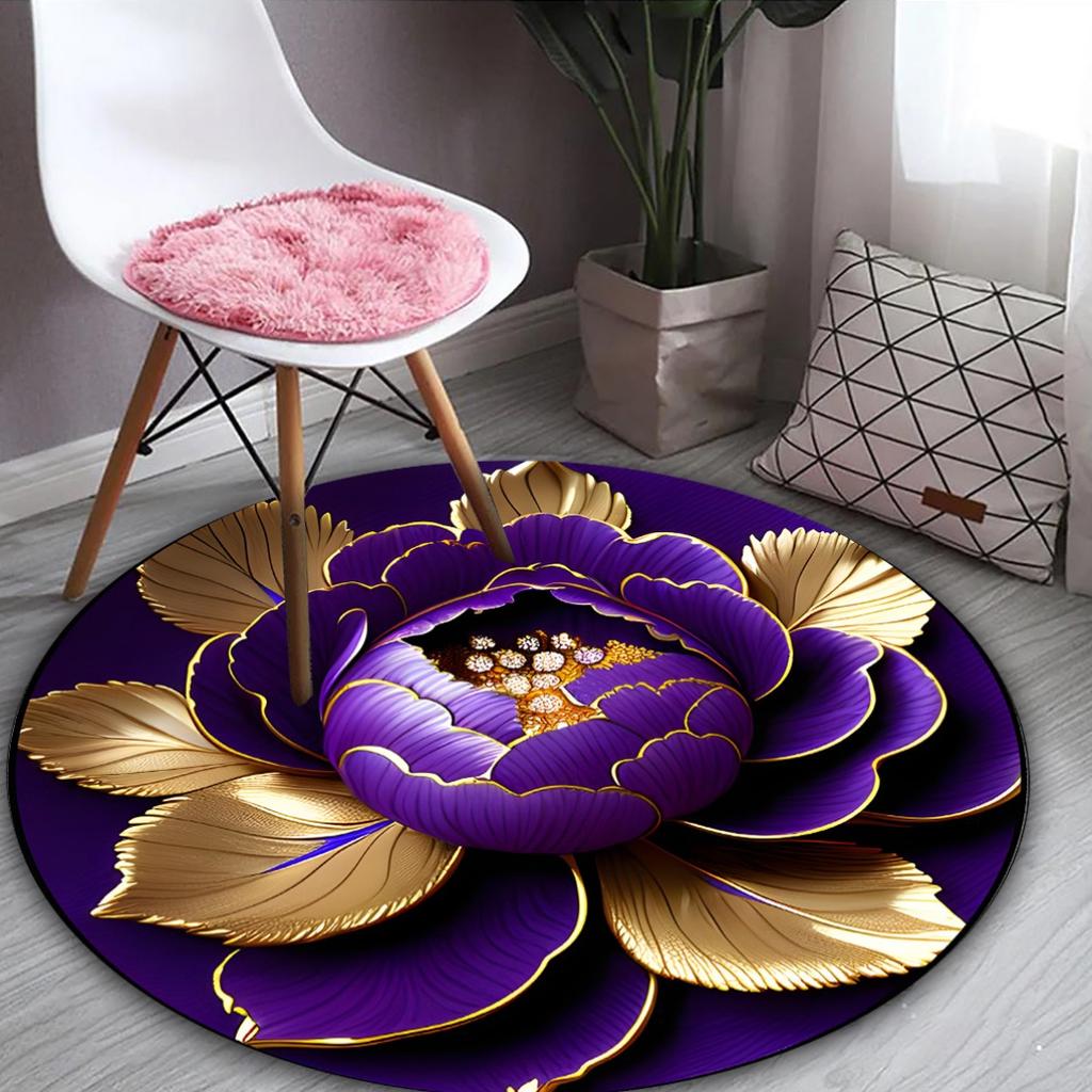 Purple Gold Peony Round Rug - Washable Polyester Large Mat for Living Room, Hallway, Bedroom, Patio & Office Decor
