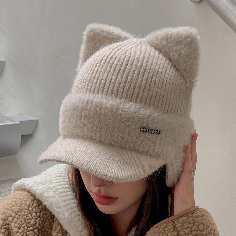 Versatile Hat for Women with Big Head Circumference To Show The Face Kitten Ear Wool Hat Plus Velvet Ear Protection Warm Knit Hat