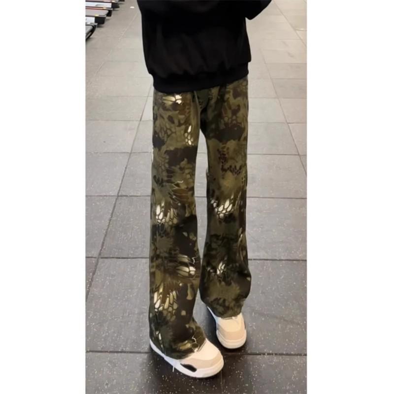 Mens Vintage Camo Flared Jeans Slim Fit Cargo Pants Casual Denim Trousers