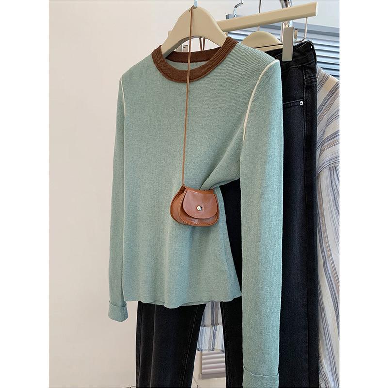 Green Shoulder Crew Neck Long Sleeve Knitted Sweater Women's Spring and Autumn Early Autumn Sweater Slim Fit Bottom Shirt Premium Top