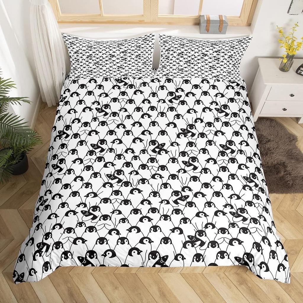 Cartoon Penguin Bedding Set Full King for Girls Boys Kids Room Dorm Funny Animal Printed Comforter Cover Penguins Bedding Set