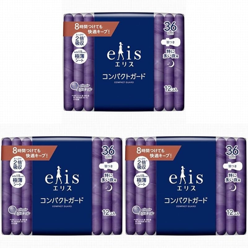

[3 bags set] Eris compact guard Especially for night use with wings 36cm 12 pieces Total 36 pieces slim No worries about leakage sanitary napkin