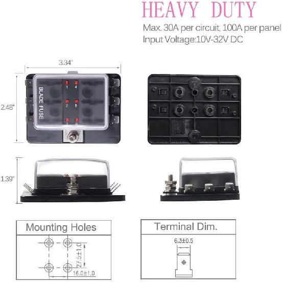 6-Way RV Fuse Block Blade Fuse Box DC12~32V 12V Junction Box Jtron LED Indicator Fuse Block for Blown Fuse Protection Cover 100 Amps for Automotive