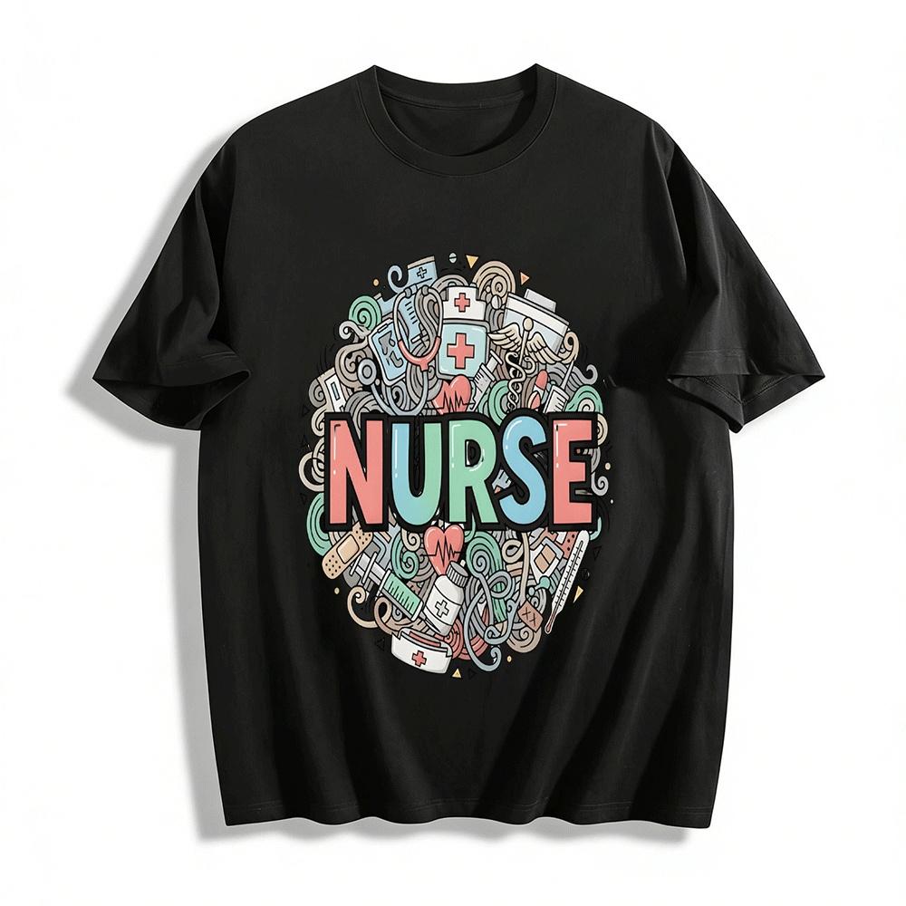 Nurse Themed Casual Tee With Fun Medical Element Prints Pure cotton T-shirt XXS