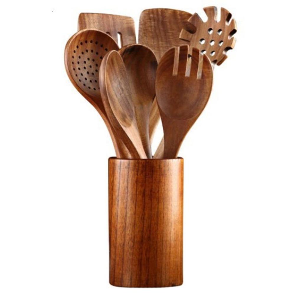 4-8pcs Natural Material Kitchen Utensils Set with Storage Bucket Kitchen Shovel Set  Non-stick Pan