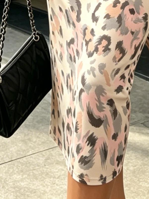 Women Summer Beige Leopard Print Bodycon Midi Dress Cold Shoulder Slim Fit Sexy Cutout Elegant Dress
