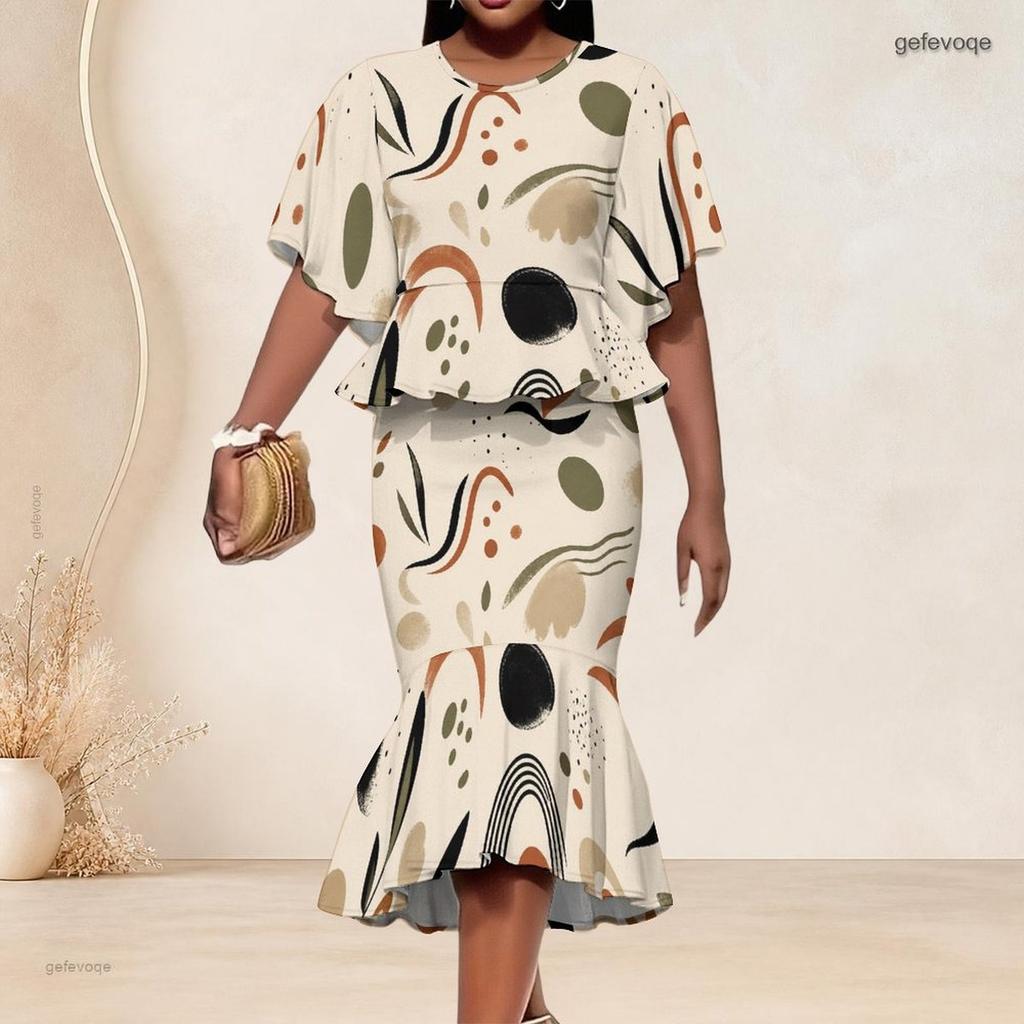 Women Plus Size Round Neck Batwing Short Sleeve Printed Ruffle Hem Top Fishtail Skirt Two Piece Set