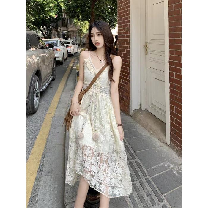 New Romantic Vacation Retro Hollowed Tassel Lace Bohemian Long Dress Mesh Suspender Dress