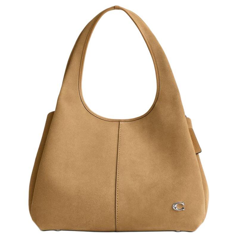 

COACH Lana 34 fashionable and versatile metal logo snap closure suede and glove-tanned leather shoulder bag large size women s silver parquet color срібний