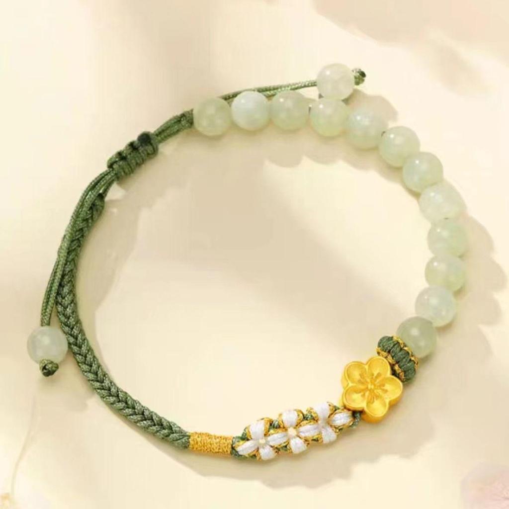 Vietnam Gold Sand Peach Blossom Bracelet for Women: Woven Rope with Imitation Hetian Jade - Perfect Gift for Bestie