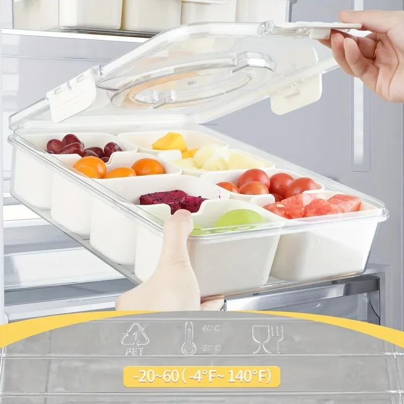 1pc Divided Tray with Handle -8-compartment Fruit Container with Lid and Detachable Snack Box