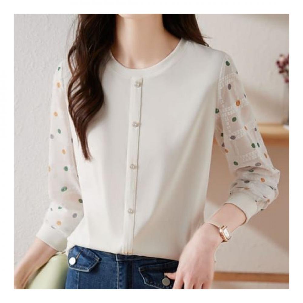 Navava Sheer Dot Round Neck Long Sleeve Blouse Nb1982