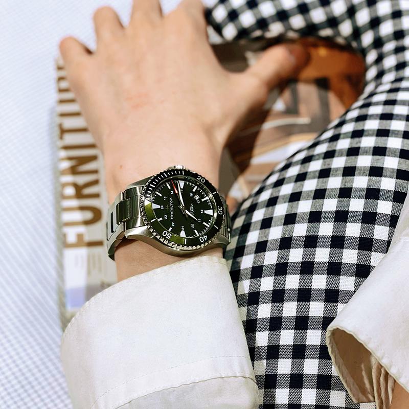 Hamilton Seria Khaki Navy Mișcare Mecanică Automată Ceas Sportiv Verde pentru Scufundări Bărbați Ceasuri Oțel H82375161