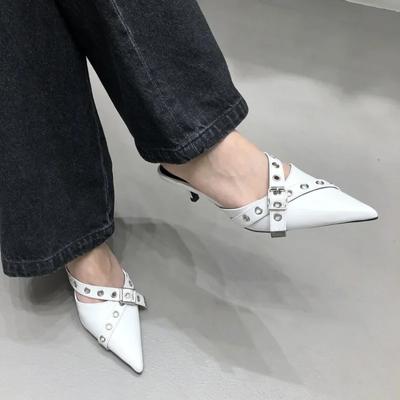 2024 Women's Summer New Fashion Metal Buckle for Design High Heel Slippers Banquet Elegant Pointed Womens Dress Toe Cap Sandals