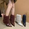 2025 sind hochhackige Kurzstiefel für Frauen dieses Jahr beliebt, schwarze spitz zulaufende dünnabsatzige haarige mittelhohe Schneestiefel, Samt modische Essenz