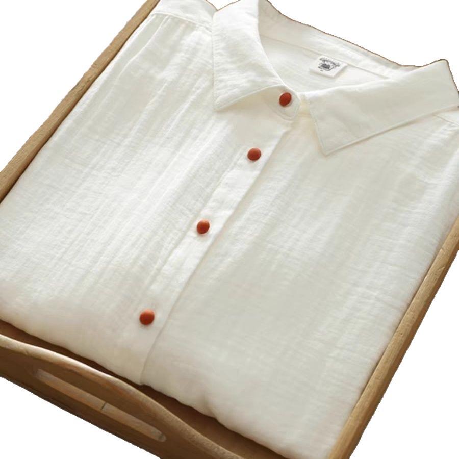 Women's Long-Sleeve Double-Layer Cotton Gauze Shirt with Colored Buttons and Turn-Down Collar for Spring and Autumn