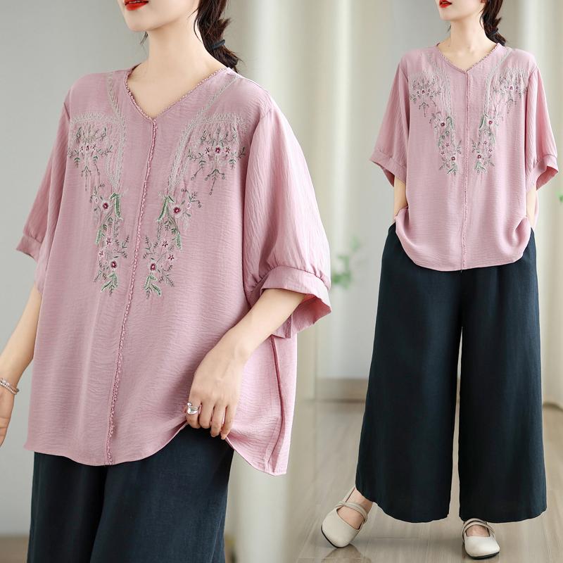 Dimanaf 2025 Summer Plus Size T-Shirt Floral Women Short Sleeve V-Neck Short Loose Tops Tees