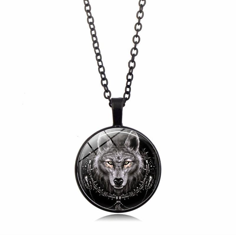 Wolf Head Pendant Necklace Animal Power Norse Viking Amulet Glass Cabochon Jewelry  Necklaces for Men Women