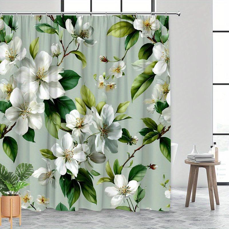1 Piece White Cherry Blossom And Green Leaves Shower Curtain, Polyester Fabric, Machine Washable, Suitable For Bathroom