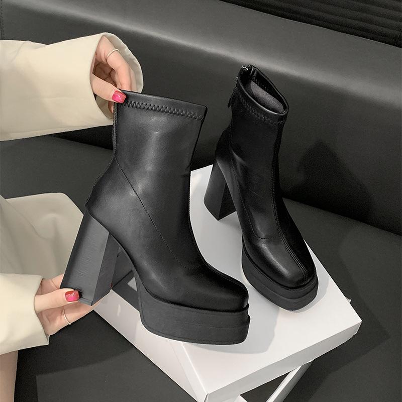 

Black retro British style platform high-heeled short boots women s 2025 new summer square head versatile height-increasing thin boots 39